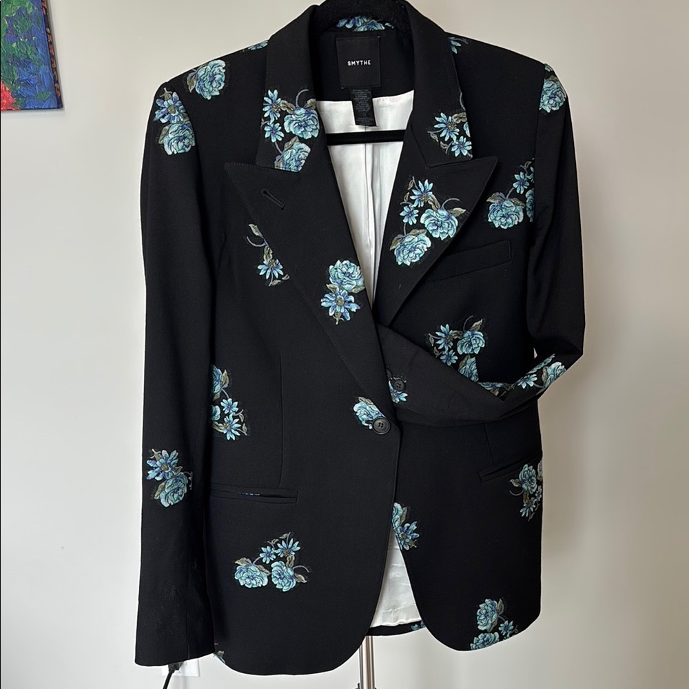 Smythe Black Blazer with Blue Floral Design- 90’s fit